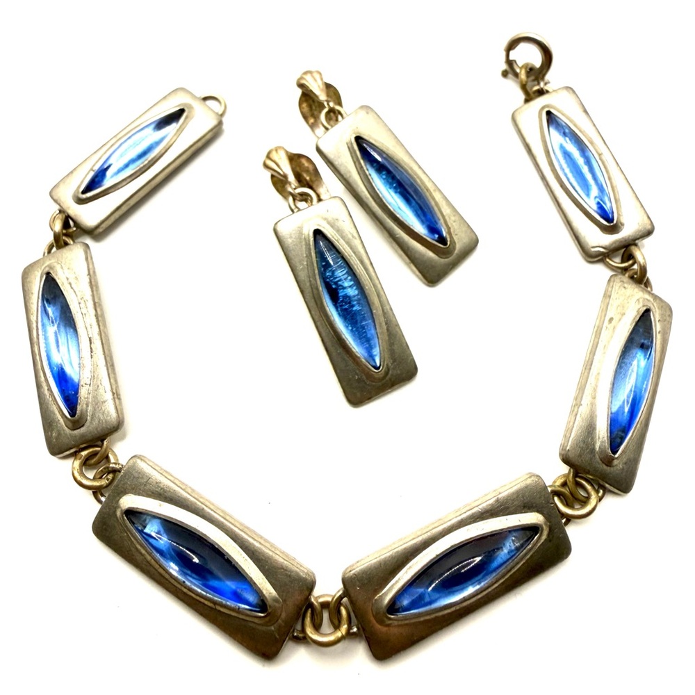 Vintage Jørgen Jensen Pewter Bracelet & Earrings Set Blue Glass Cabochon Denmark